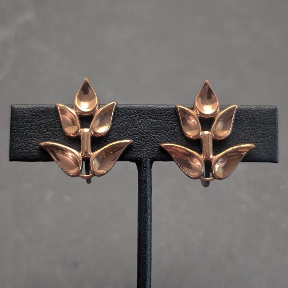 Vintage Screw On Earrings Copper Tone Leaves on Branch - Fall Autumn Theme